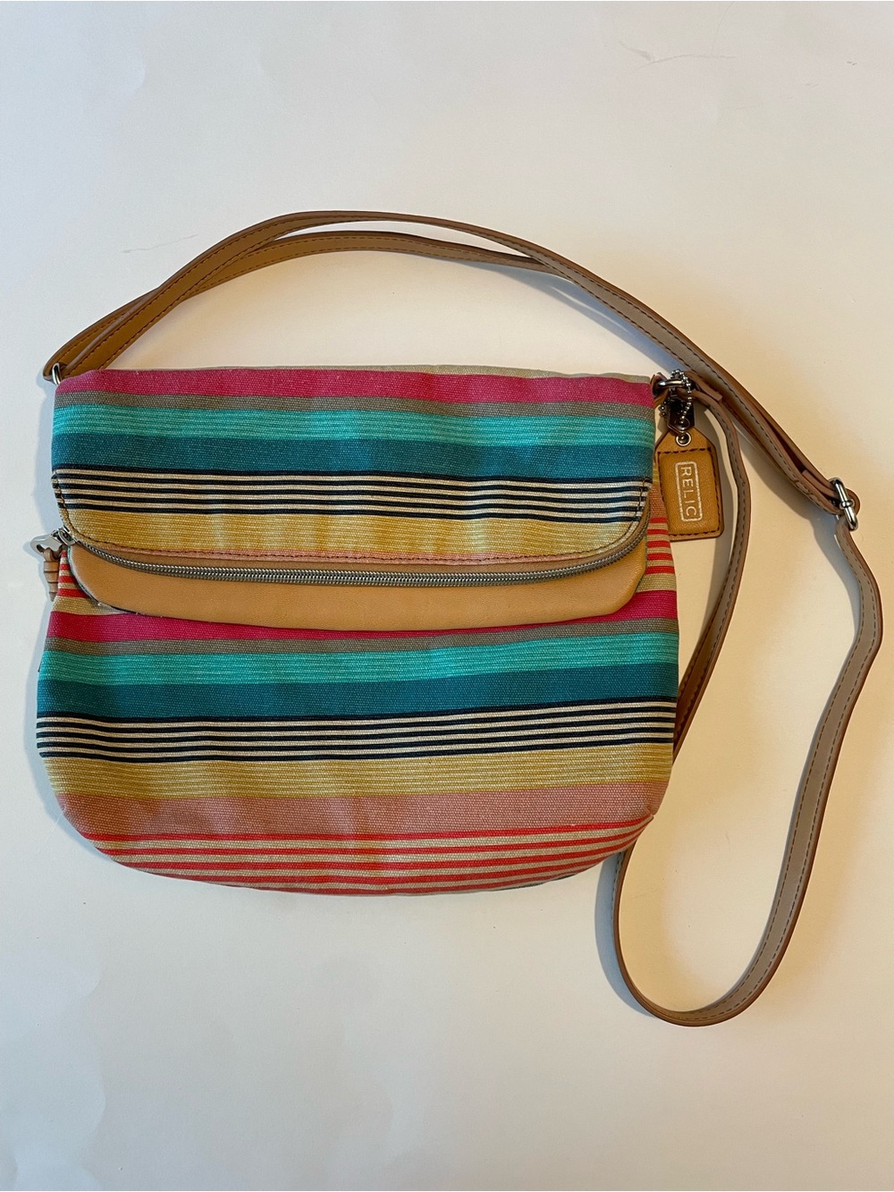 Relic Multicolor Striped Crossbody with Tan Strap